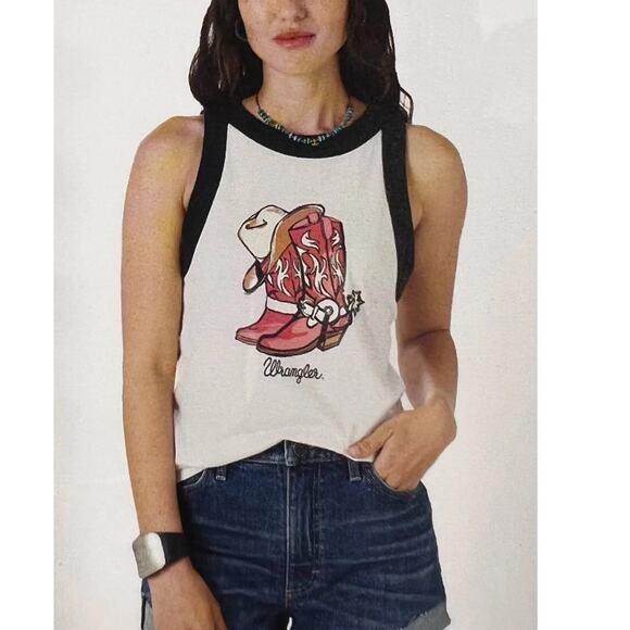 Wrangler Womens Small Retro Boots/Cowboy Hat Graphic Tank White Black Red - Picture 1 of 5